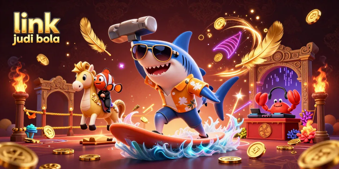 Experience thrilling wins with link judi bola as a shark surfs through gold coins in a vibrant casino scene.
