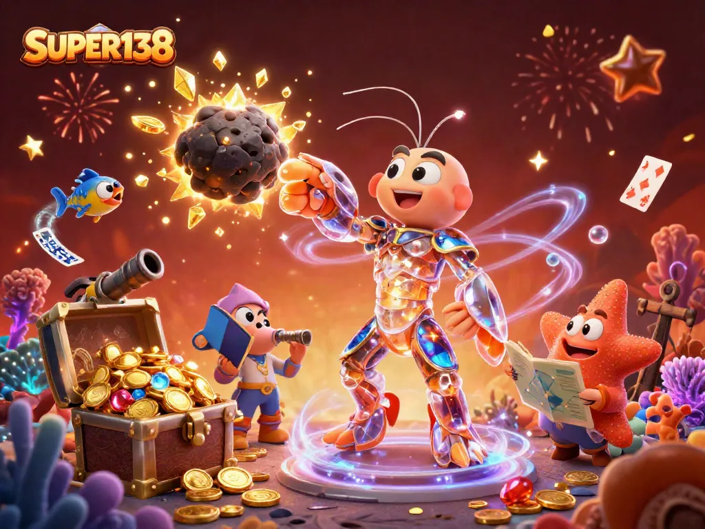 Engage in thrilling adventures with SUPER138's vibrant casino scene filled with gold coins and colorful gems.