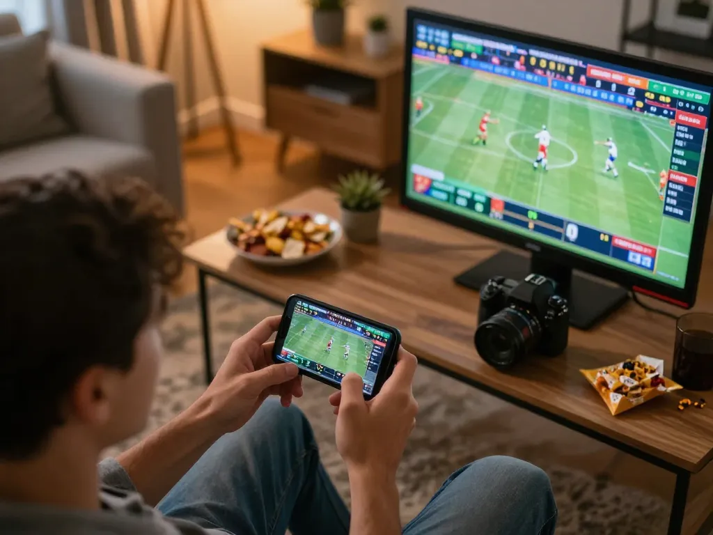 Engaging sports betting experience on https://rr88.auction/ with smartphone showing live odds and user in casual home setting.
