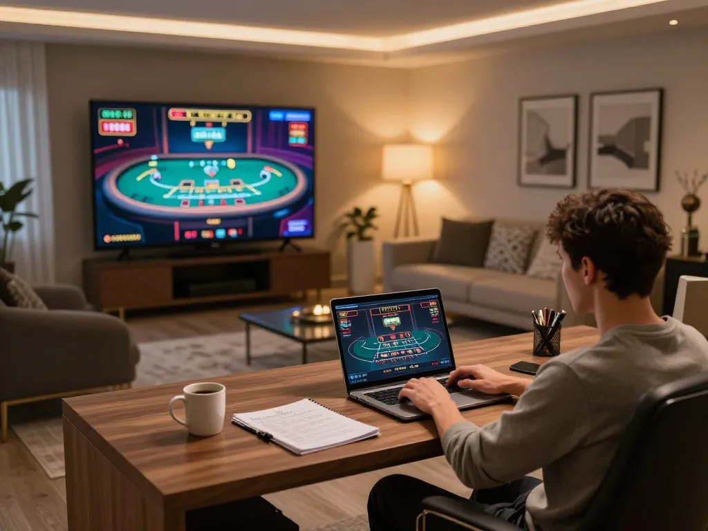 Playing at vip99win online casino from a stylish home office, engaging in live blackjack
