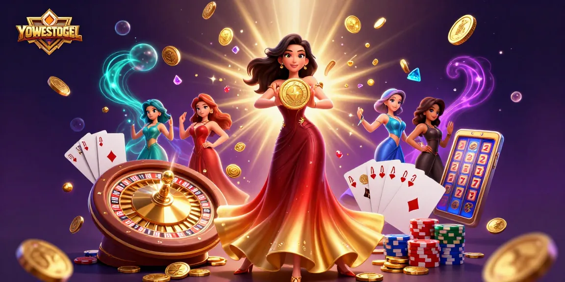 Experience the thrill of winning at YOWESTOGEL with stunning visuals of coins, gems, and casino elements.