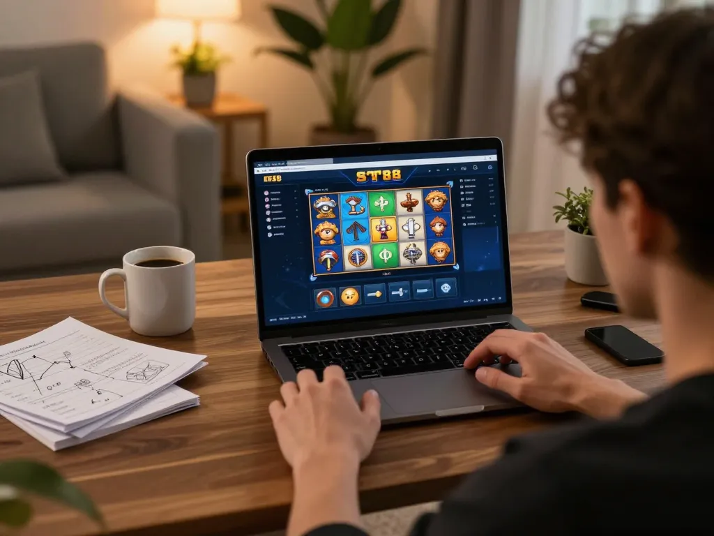 Engaging with the slot88 casino game in a cozy home setup, focusing on responsible gameplay.