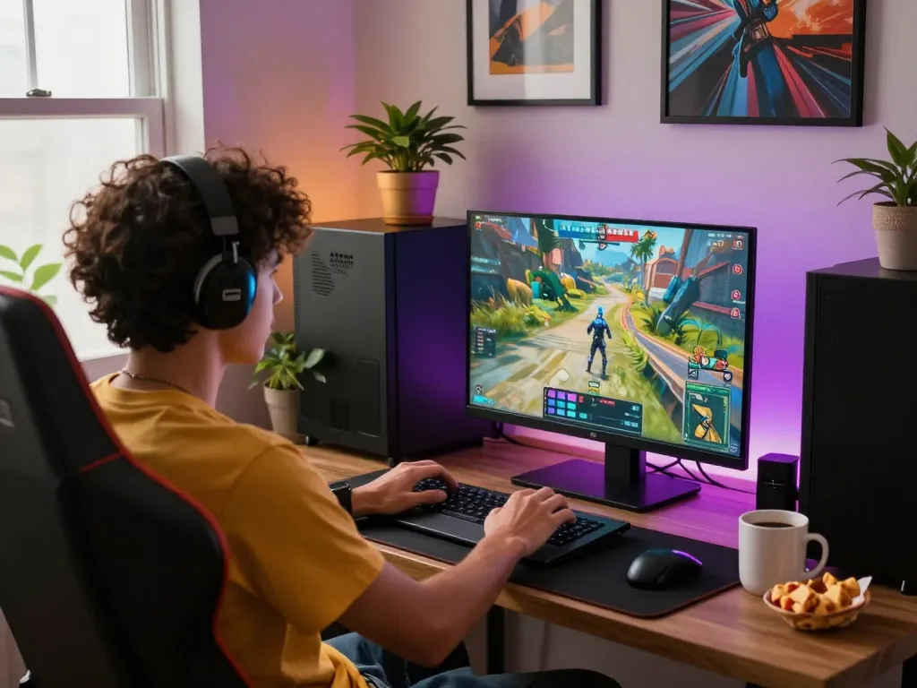 Engaging player focuses on nsfw games on a high-end laptop in a stylish environment