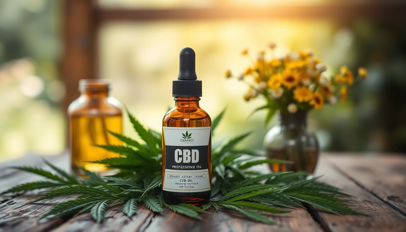 Showcase CBD Oil bottle with fresh hemp leaves on a rustic wooden table.