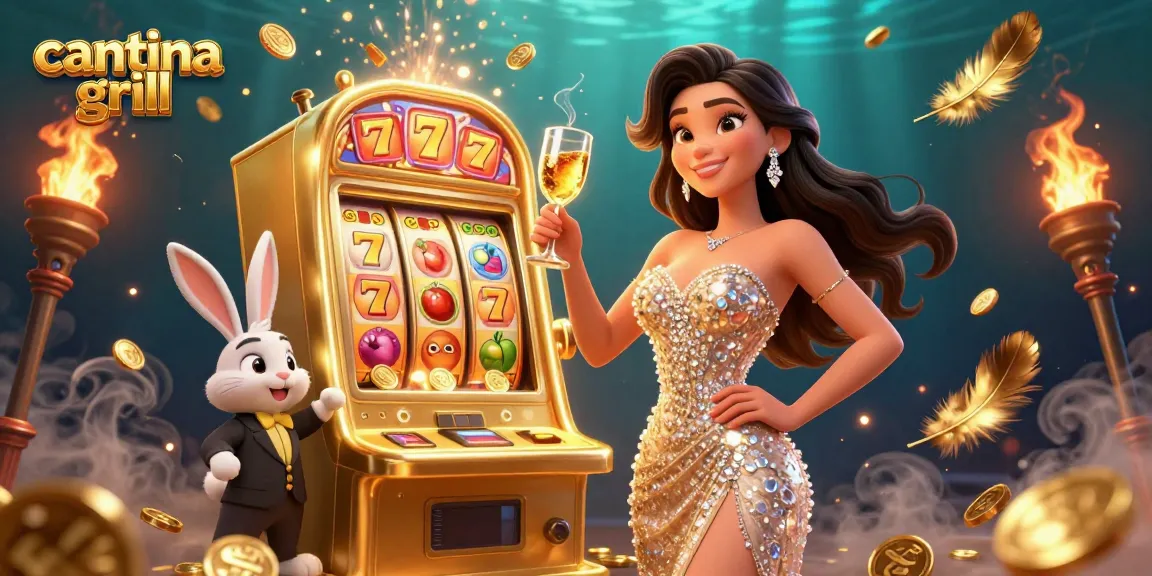 Experience thrilling wins at cantina grill while toasting with a golden glass beside exciting slot machines.