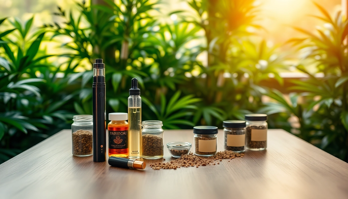 THC VAPE in a stylish setup with herbal elements and vibrant liquids.
