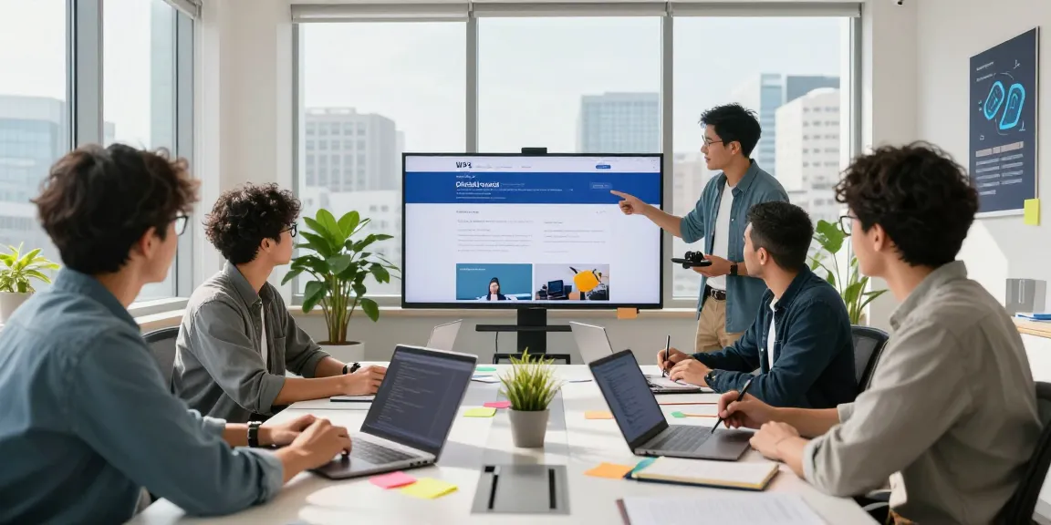 Developers collaborating in a modern office discussing the WPS Official Website.