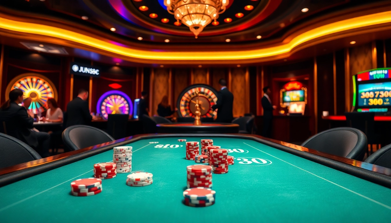Experience the excitement at Jun88 with vivid casino visuals featuring engaging gameplay and vibrant gaming tables.