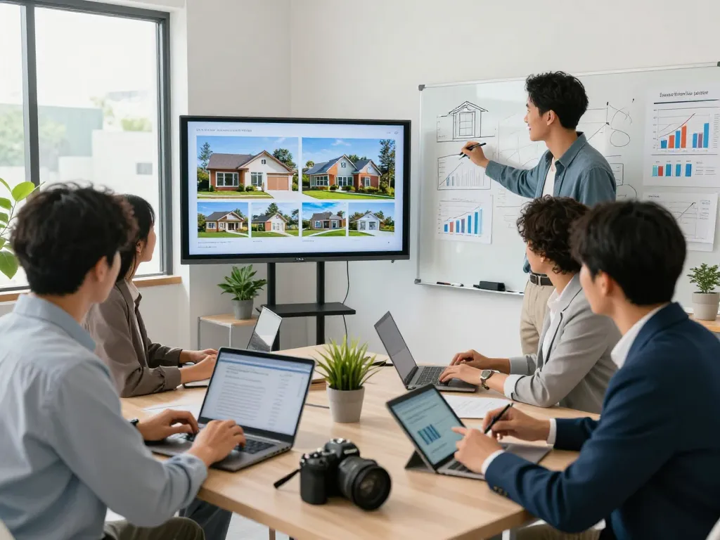 Real estate agents collaborating on property listings at https://forumup.org/shop/search.php?ca_id=&addr1=&addr2=&addr3=&schKeyword= with modern workspace.