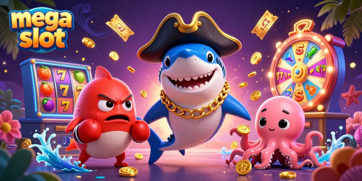 Gamer mega slot menang besar di mesin slot dengan karakter piranha, ikan puffer, dan bayi gurita berlimpah koin.