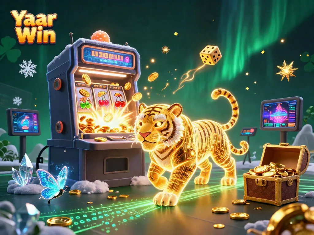 Yaar Win slot machine jackpot explosion with a golden tiger in a digital casino.