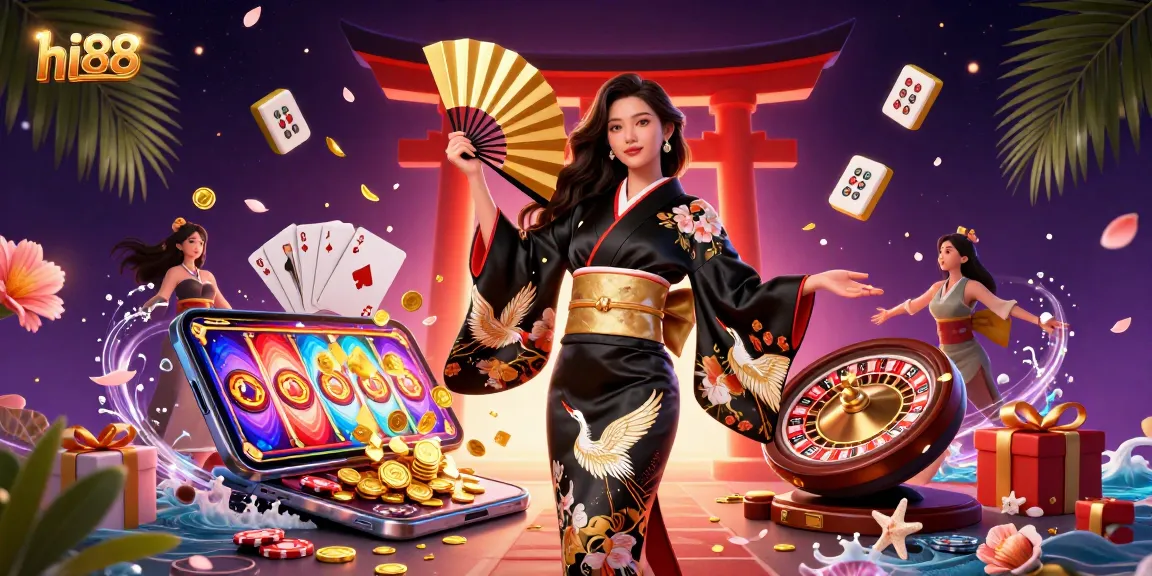 Experience excitement at hi88 with vibrant casino games and elegant themed elements in this dynamic illustration.