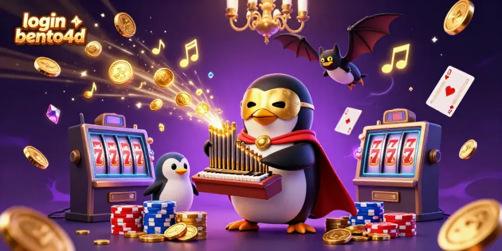 Engage in the thrill of gaming with login bento4d as a penguin organist entertains with golden coins.