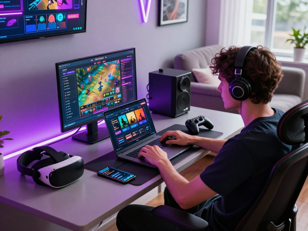 Engaged player at home workspace exploring raja328 situs on a laptop with vibrant gaming accessories.