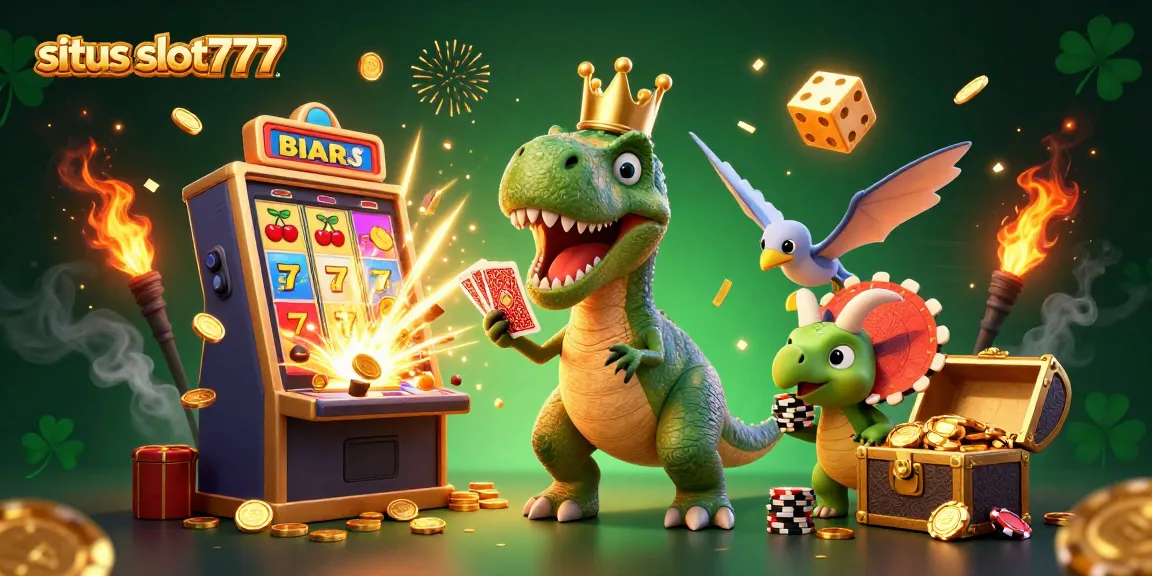 Engage with situs slot777 as a T-Rex shuffles cards and wins big with jackpot excitement.