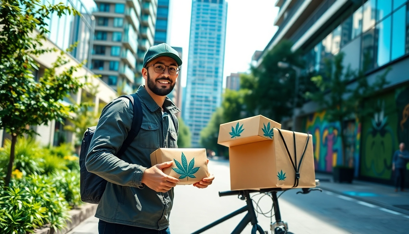 Experience swift bud delivery UK with a friendly courier in an urban environment.