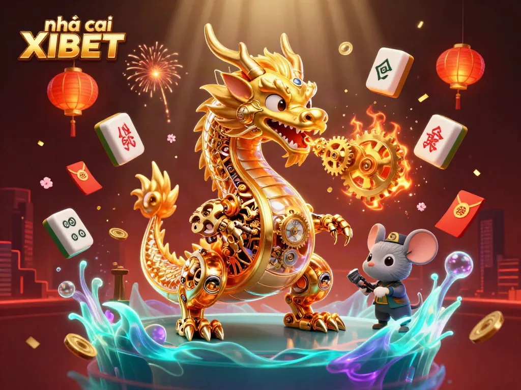 Experience the excitement at nhà cái XIBET with a dynamic scene featuring a gold dragon amidst casino elements.