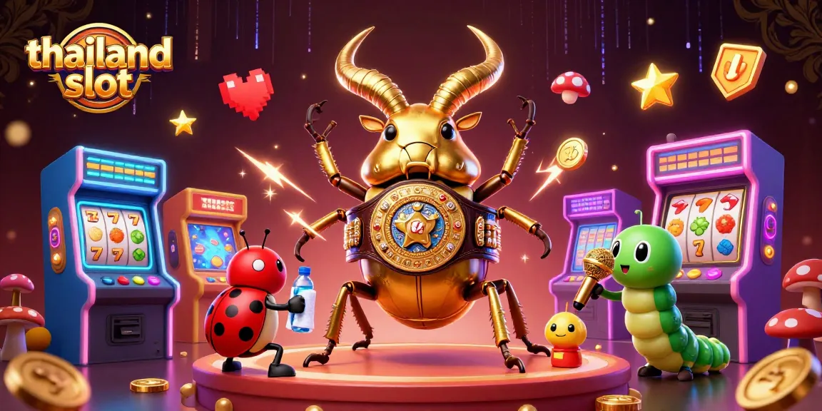 Watch the thailand slot action unfold with the giant golden stag beetle and vibrant gaming elements.