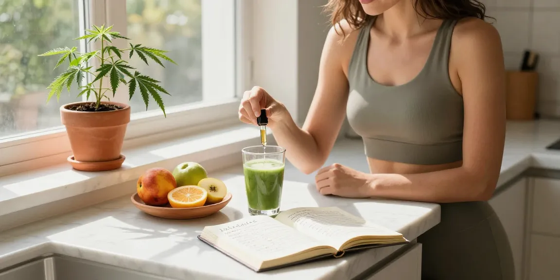 Proper loud CBD oil tincture in a serene wellness kitchen, showcasing organic ingredients and a calming atmosphere.