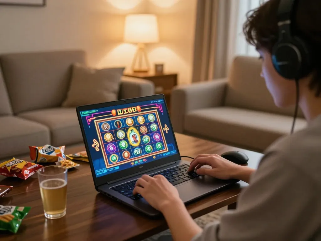 Person actively playing slot88 online on a laptop, showcasing colorful game interface and relaxed home ambiance