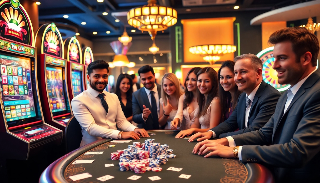 Engaged players explore demo slot pragmatic machines within a vibrant casino ambiance.