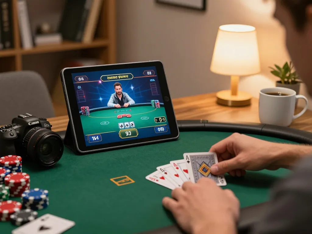 Players enjoying an exciting online poker game on 92slot tablet, showcasing cards and chips