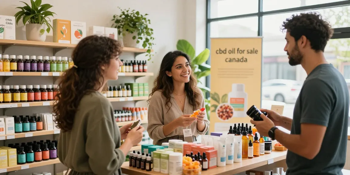 Shop cbd oil for sale Canada, vibrant store showcasing CBD products with friendly customer service.