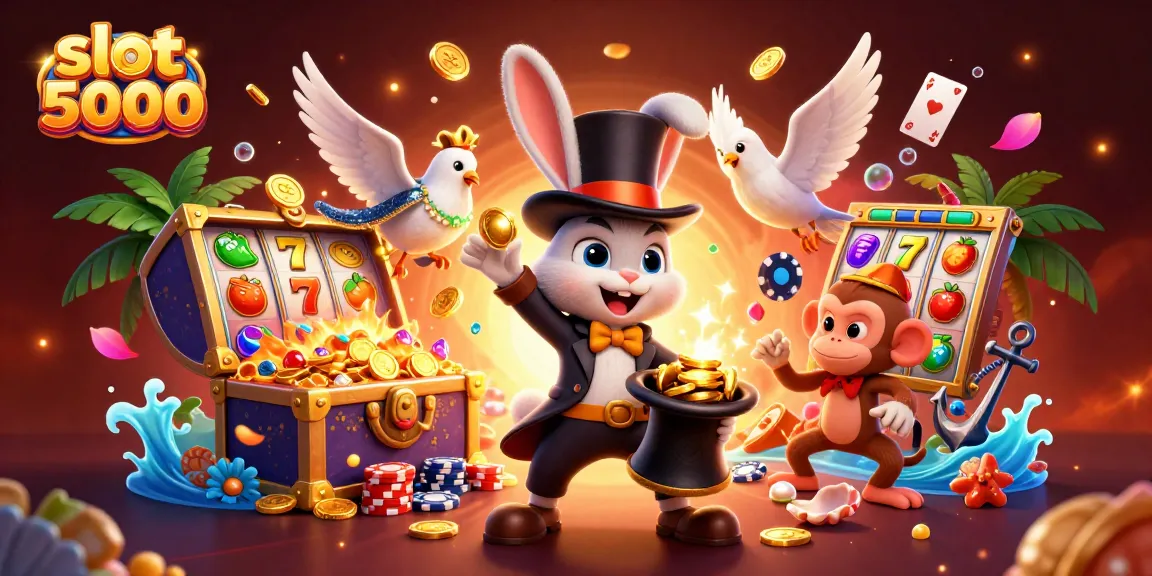 Experience excitement with slot depo 5000 featuring a magician rabbit and colorful slot reels.