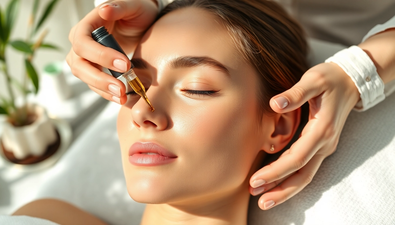 Applying CBD oil for skin during a relaxing facial treatment at a spa.
