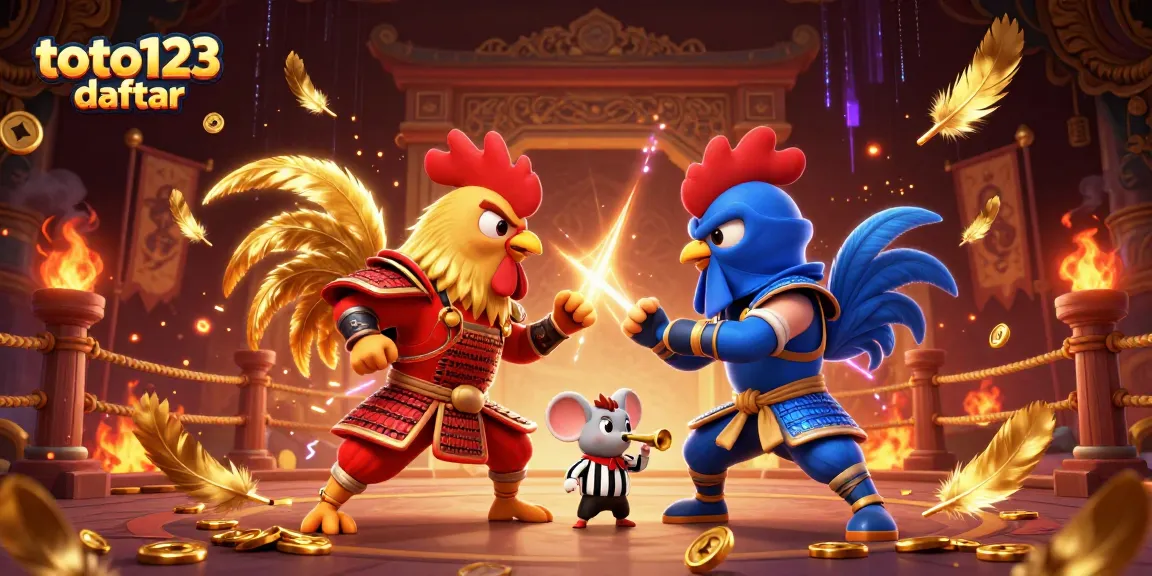 Toto123 daftar showcases an intense digital scene with samurai and ninja roosters in a gambling standoff.