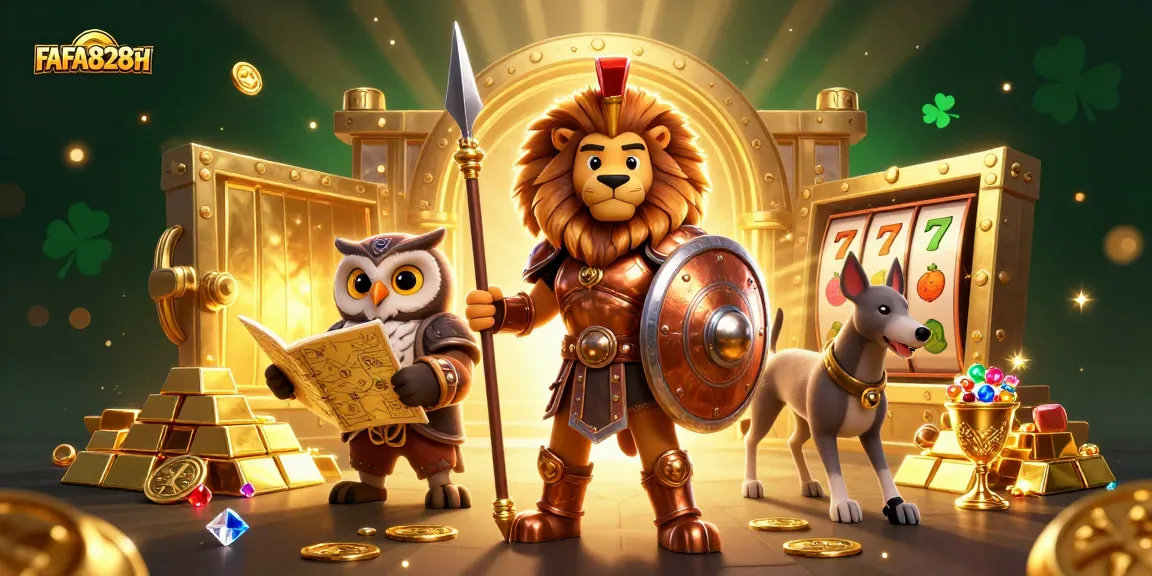 FAFA828TH unleashes thrilling slot action with heroic characters amid a treasure-filled casino.