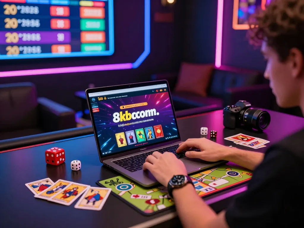 User engaging with thrilling online betting at https://8kbetcom.club/ with vibrant interface and gaming elements, creating an inviting atmosphere.