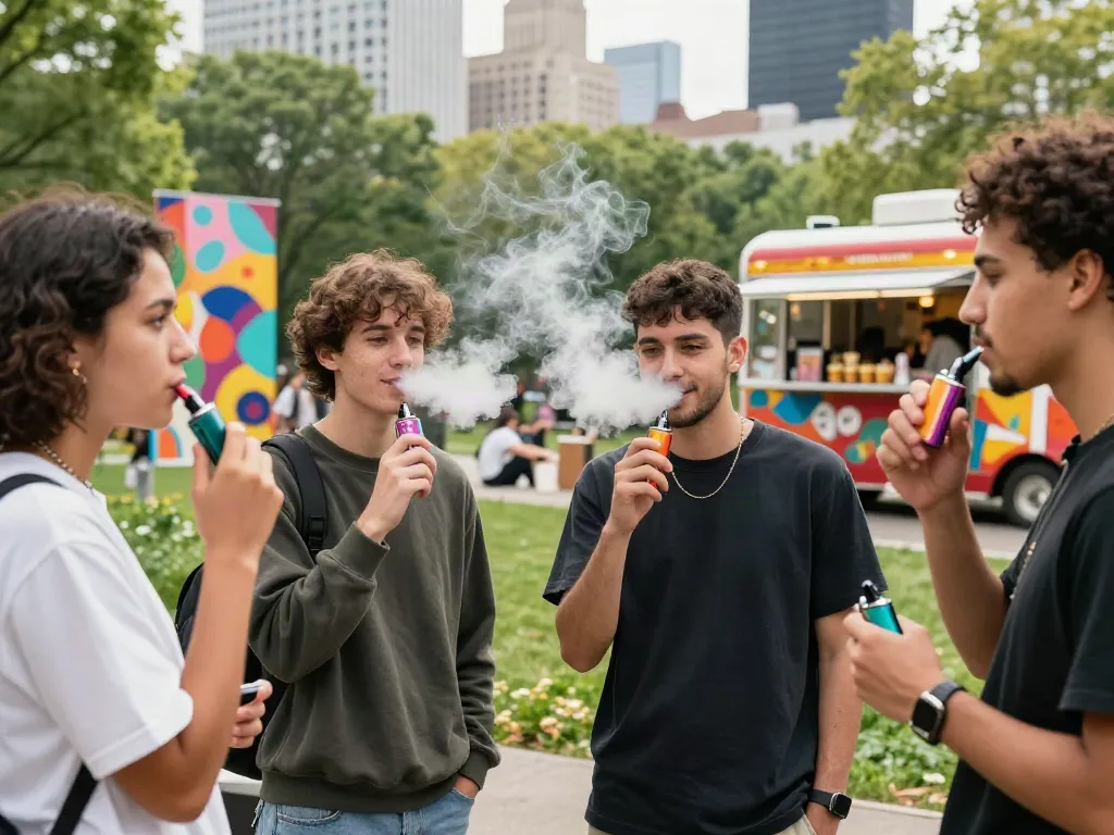 Friends enjoying Hitz infinity Gen 7 vapes in a vibrant city park.