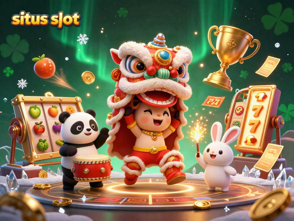 Experience thrilling situs slot excitement with a vibrant lion dance, drumming panda, and festive casino symbols.