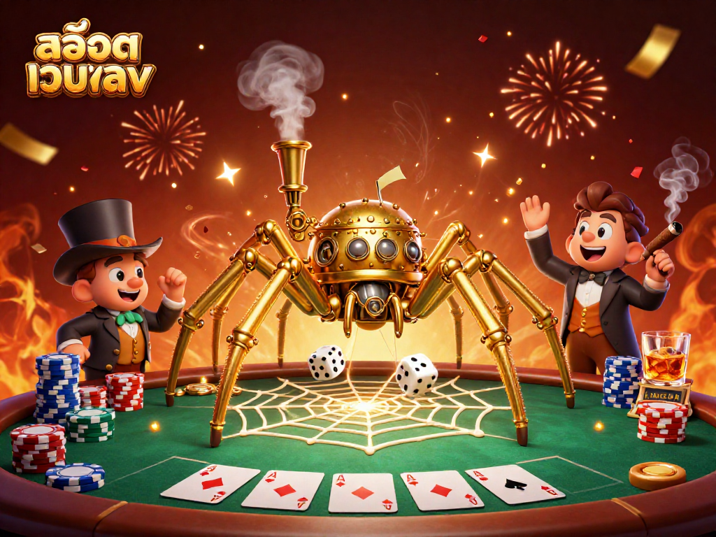 Engage in excitement with สล็อตเว็บตรง featuring a steampunk spider, poker elements, and vibrant casino atmosphere.