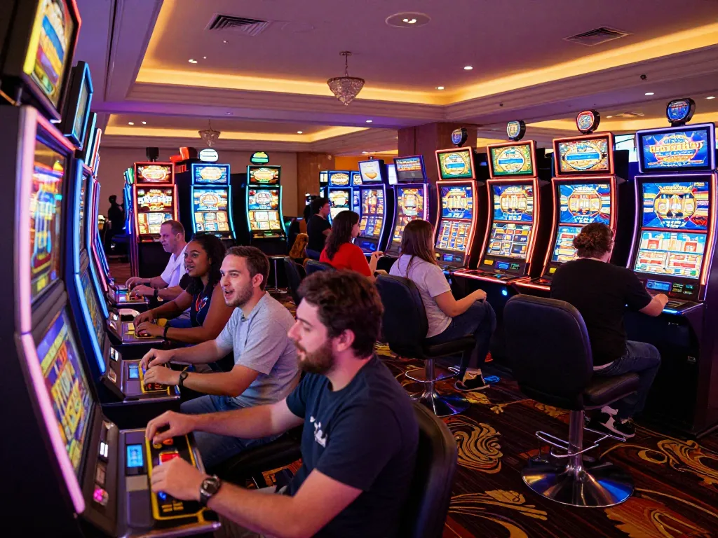 Exciting engagement at slot machines in a lively casino setting showing player interactions, highlighting https://s8inc.com/ for thrilling gaming adventures.