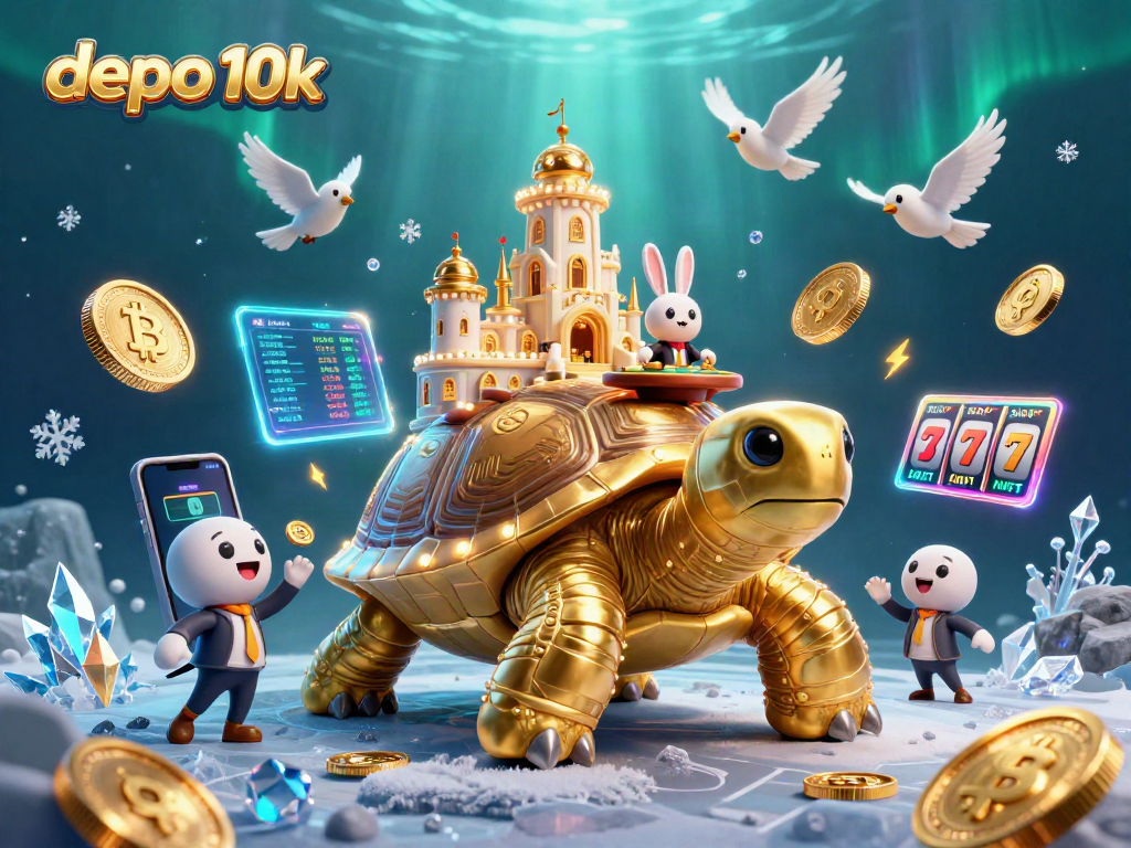 Engage with the depo 10k gaming experience surrounded by vibrant casino elements and digital crypto coins.