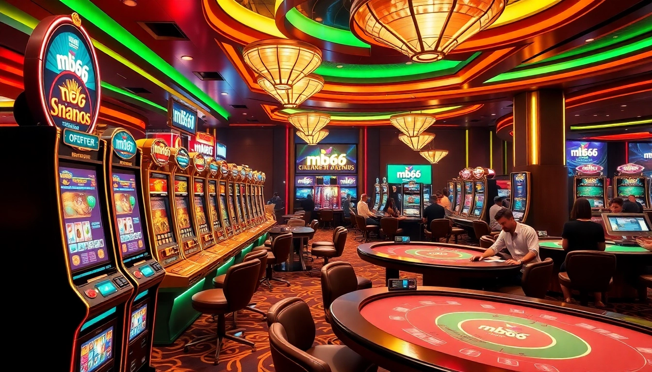 Experience the thrill of mb66 with a vibrant casino scene showcasing slot machines, poker tables, and online gambling elements.