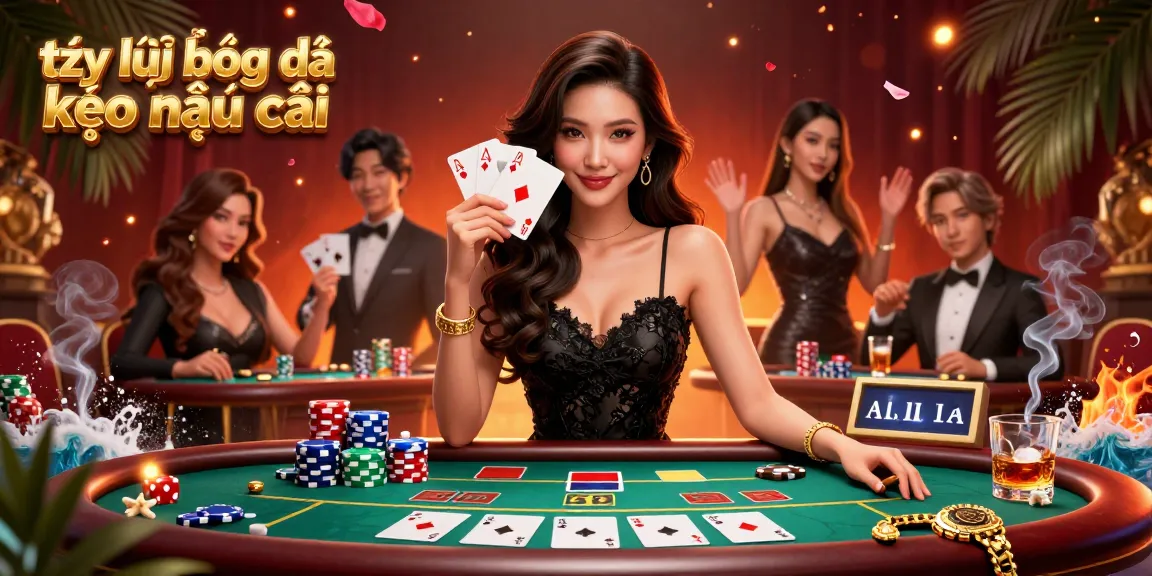Experience the thrilling tỷ lệ bóng đá kèo nhà cái with a mysterious Asian woman holding playing cards in a vibrant casino scene.