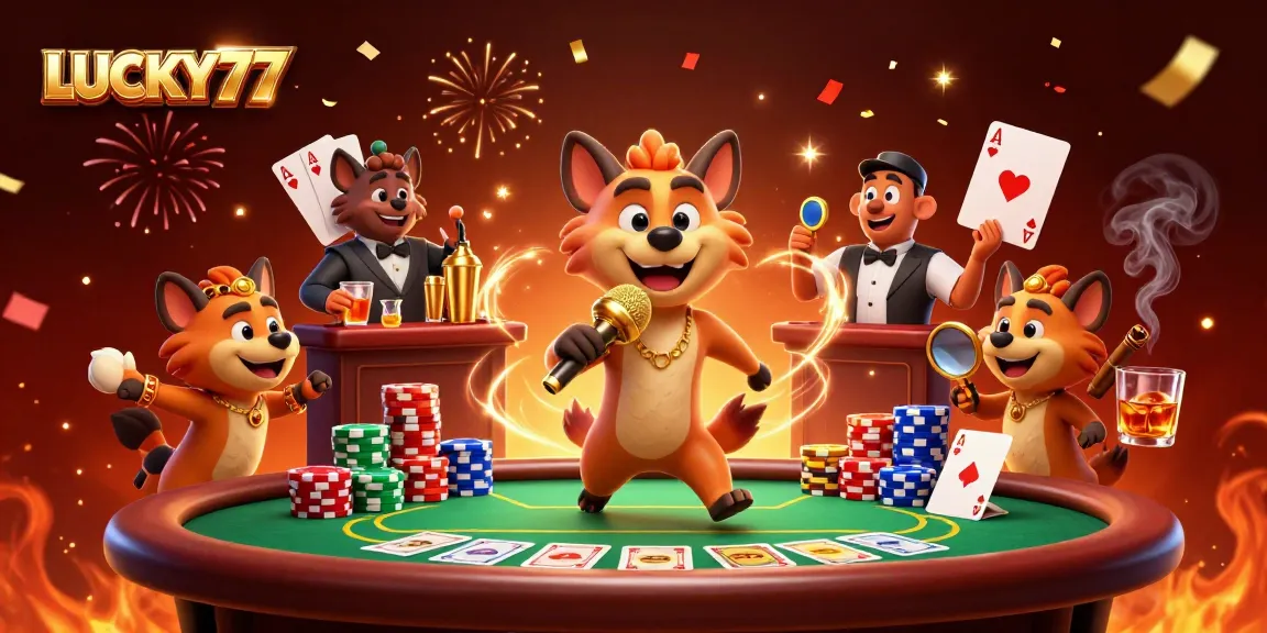LUCKY77 scene with hyena characters bringing comedy and excitement to a packed casino.