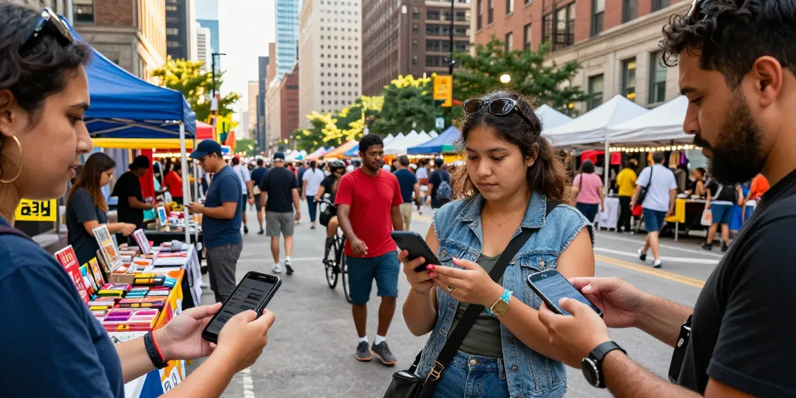 People engaging with 시카고페이 mobile payments amidst vibrant Chicago markets.