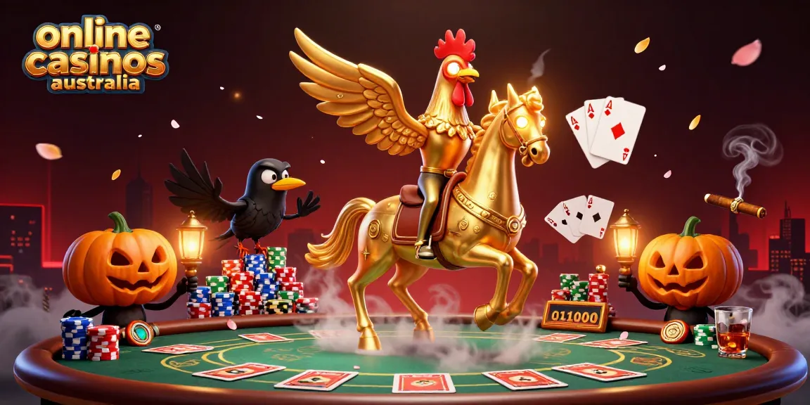 Showcasing online casinos australia with a golden rooster and poker-themed scene filled with vibrant elements.