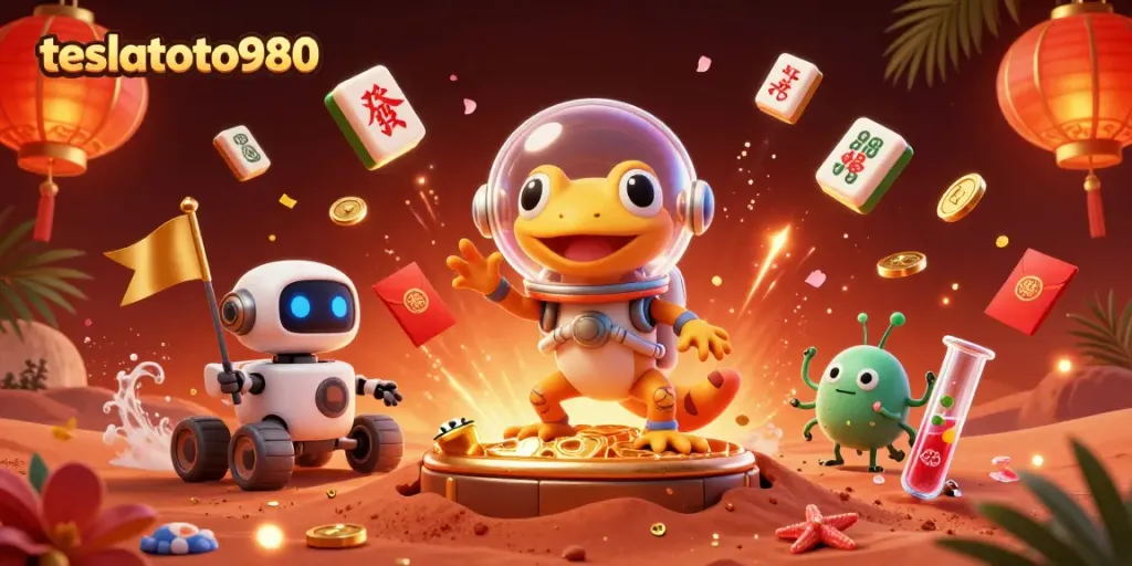 Exciting teslatoto980 scene with a Martian gecko discovering a golden casino on Mars.