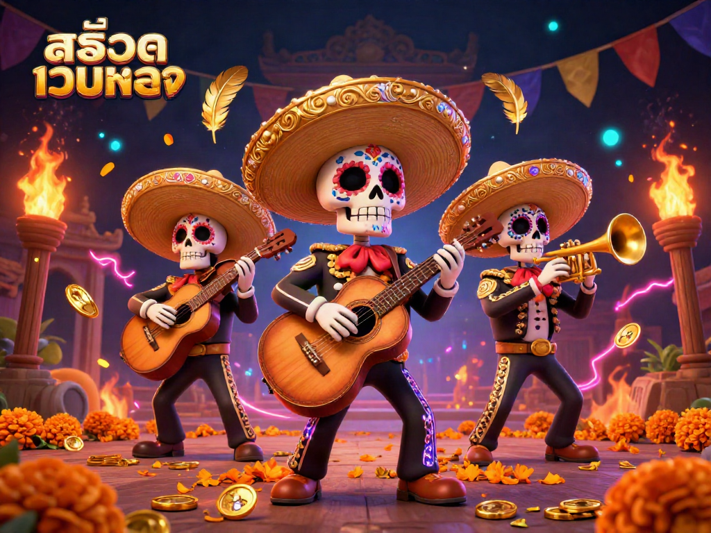 Experience สล็อตเว็บตรง in this vibrant 3D illustration with mariachi band and dynamic casino elements.