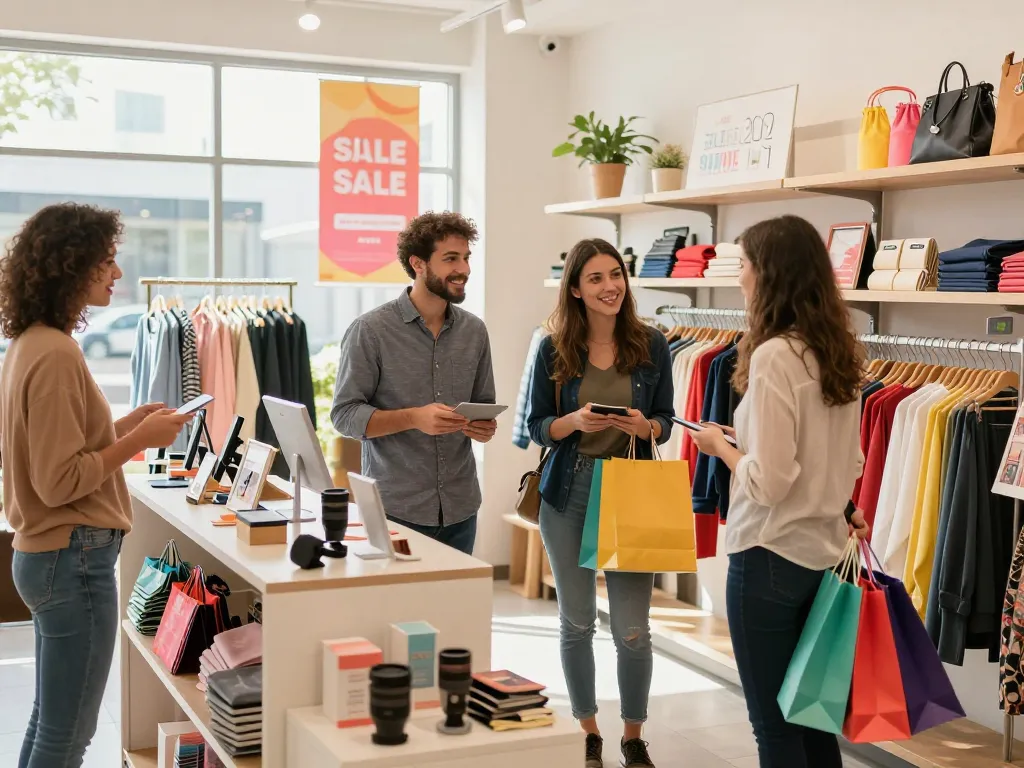 Happy customers enjoying shopping at https://hubet88.icu/ with colorful product displays.