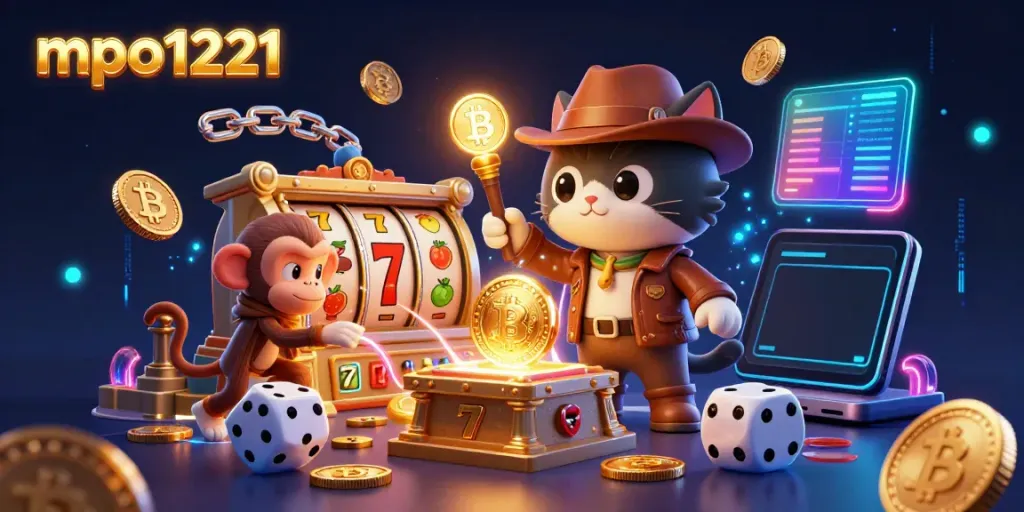 Engage with mpo1221 as an archaeologist cat uncovers golden casino artifacts amidst vibrant game elements.