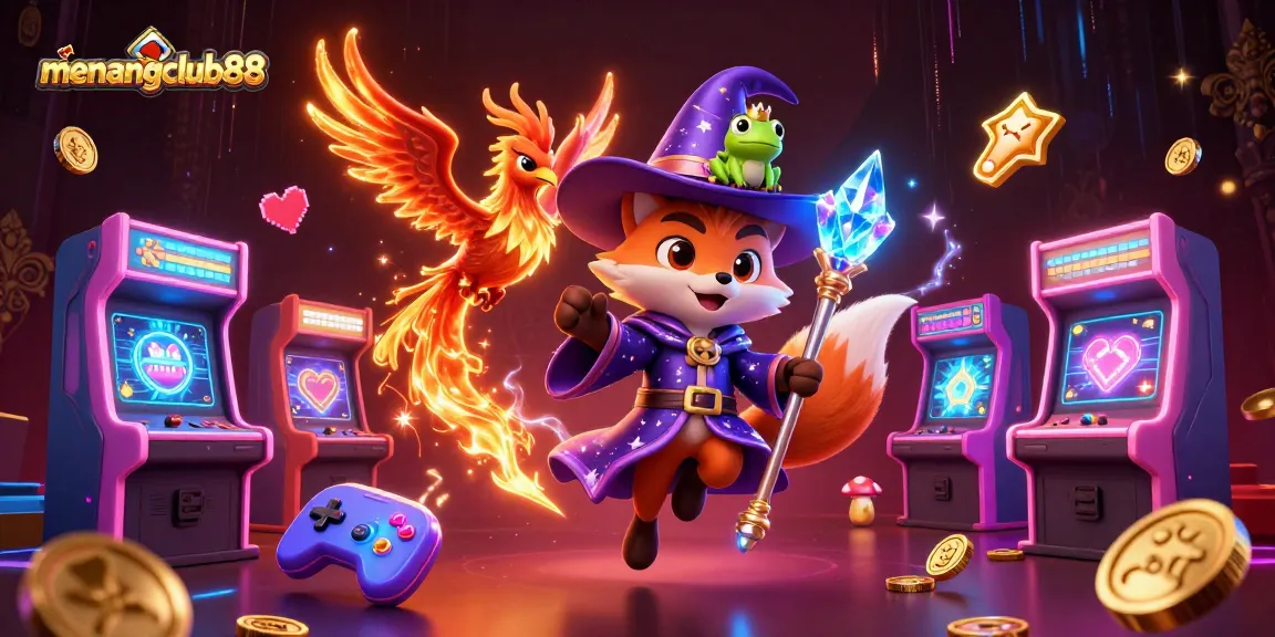 Experience winning strategies with menangclub88 featuring a wizard fox, phoenix, and fun gaming elements.