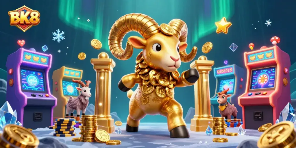 BK8 unleashes exciting gameplay with golden ram and vibrant gaming elements in a dynamic casino scene.