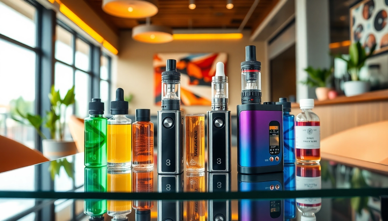 Showcase Vape & E-Liquids setup featuring e-device and colorful bottles on stylish table.