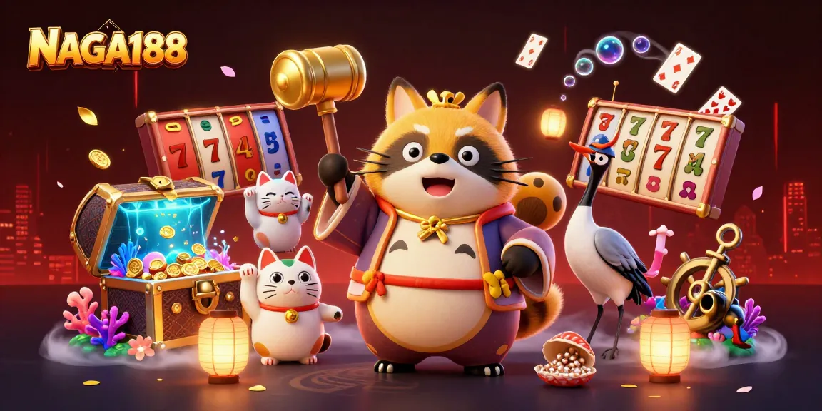 NAGA188 mempersembahkan momen keberuntungan dengan tanuki ceria dan kucing maneki-neko dalam suasana kasino